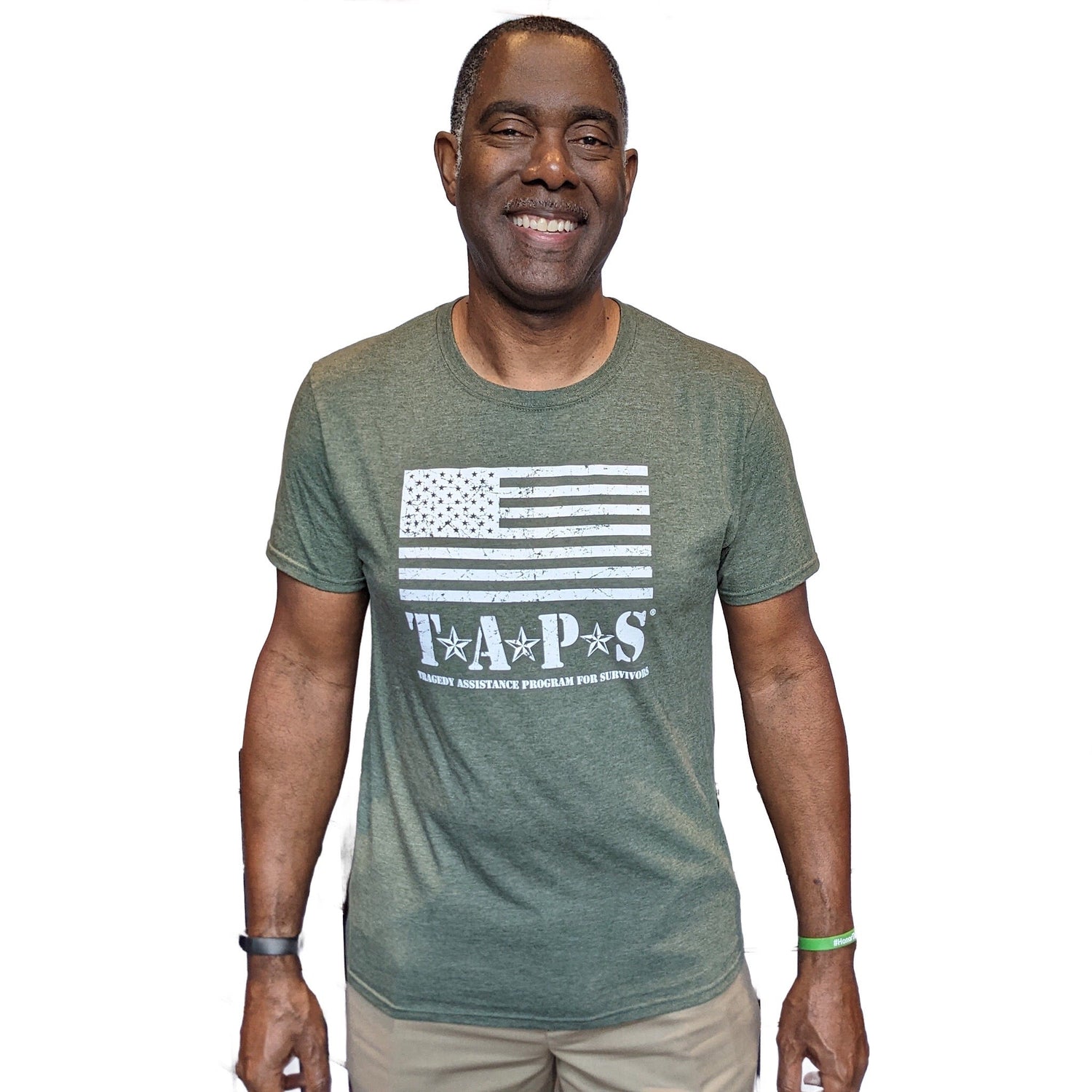 Army green long sleeve tee with flag and TAPS logo screen printed in white
